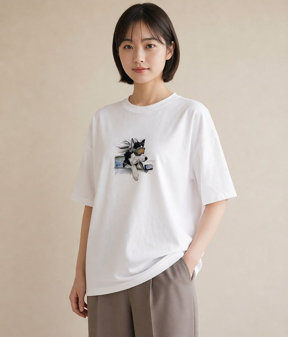 デザインTシャツ レディース シベリアンハスキー 犬 いぬ イラスト 旅行コーデ 通学 誕生日プレゼント 白T YMAZO