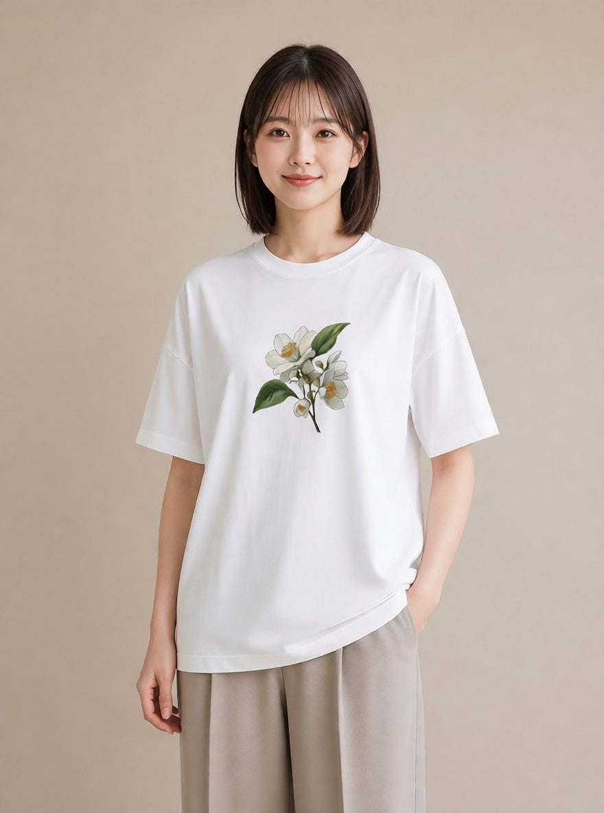 グラフィックTシャツ レディース 金木犀 花 花柄 イラスト 可愛い カジュアルコーデ 買い物 白T YMAZO