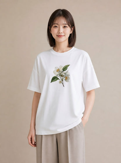 グラフィックTシャツ レディース 金木犀 花 花柄 イラスト 可愛い カジュアルコーデ 買い物 白T YMAZO