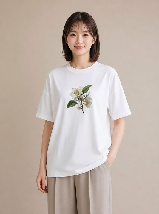 グラフィックTシャツ レディース 金木犀 花 花柄 イラスト 可愛い カジュアルコーデ 買い物 白T YMAZO