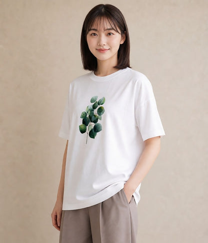 プリントTシャツ レディース ユーカリ 植物 ボタニカル イラスト ゆるかわ ビーチ デイリーウェア 白T YMAZO