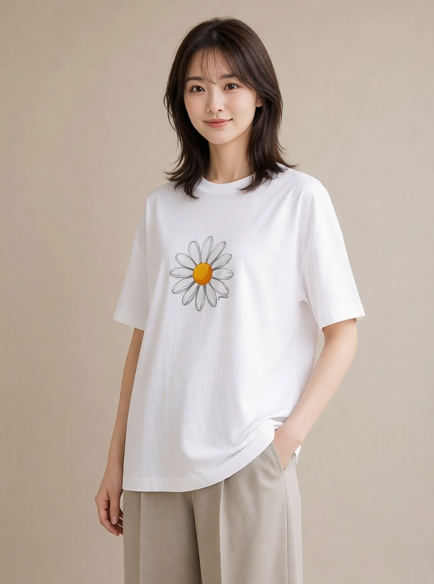 グラフィックTシャツ レディース マーガレット 花 花柄 イラスト 淡色 ラフ レイヤード 白T