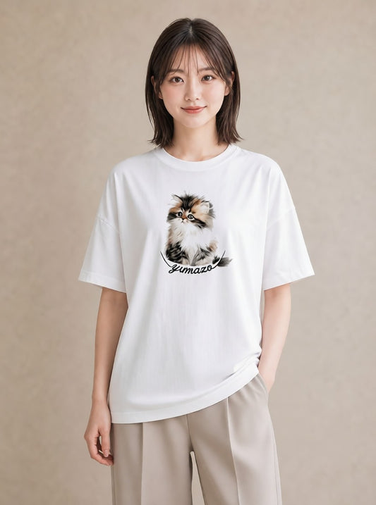 デザインTシャツ レディース ねこ 猫 ネコ イラスト 線画 夏コーデ 通学 白T YMAZO