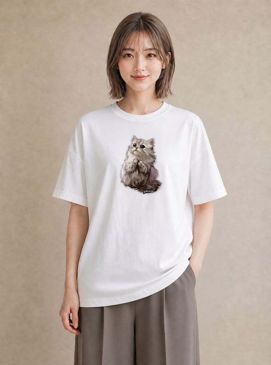 半袖Tシャツ レディース ソマリ 猫 ねこ イラスト 上品 デイリーウェア 休日 白T YMAZO