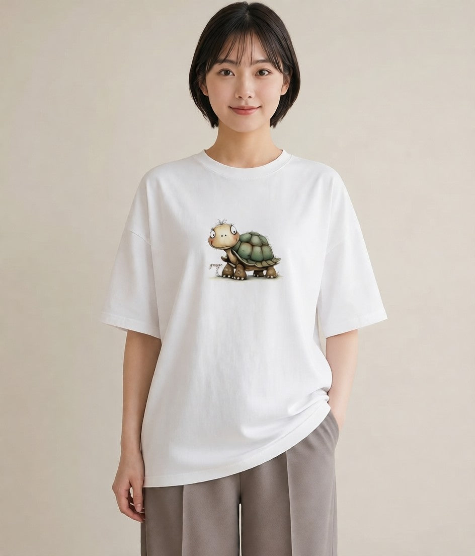 デザインTシャツ レディース ゼニガメ ペット 動物 イラスト ユニーク ラフ レイヤード 白T YMAZO