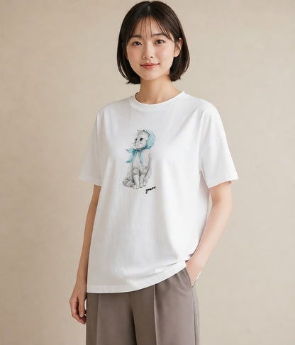 デザインTシャツ レディース スコティッシュフォールド 猫 ねこ イラスト 抜け感 社会人 女性 白T YMAZO