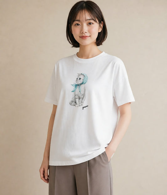 デザインTシャツ レディース スコティッシュフォールド 猫 ねこ イラスト 抜け感 社会人 女性 白T YMAZO