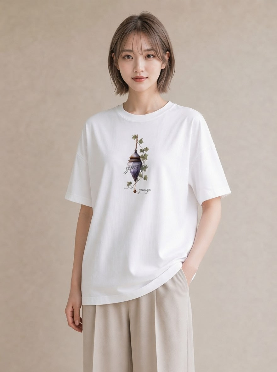 Tシャツ レディース 街灯 夜霧 夜 ナチュラル アンティーク イラスト ヴィンテージ風 親子 20代 白T YMAZO