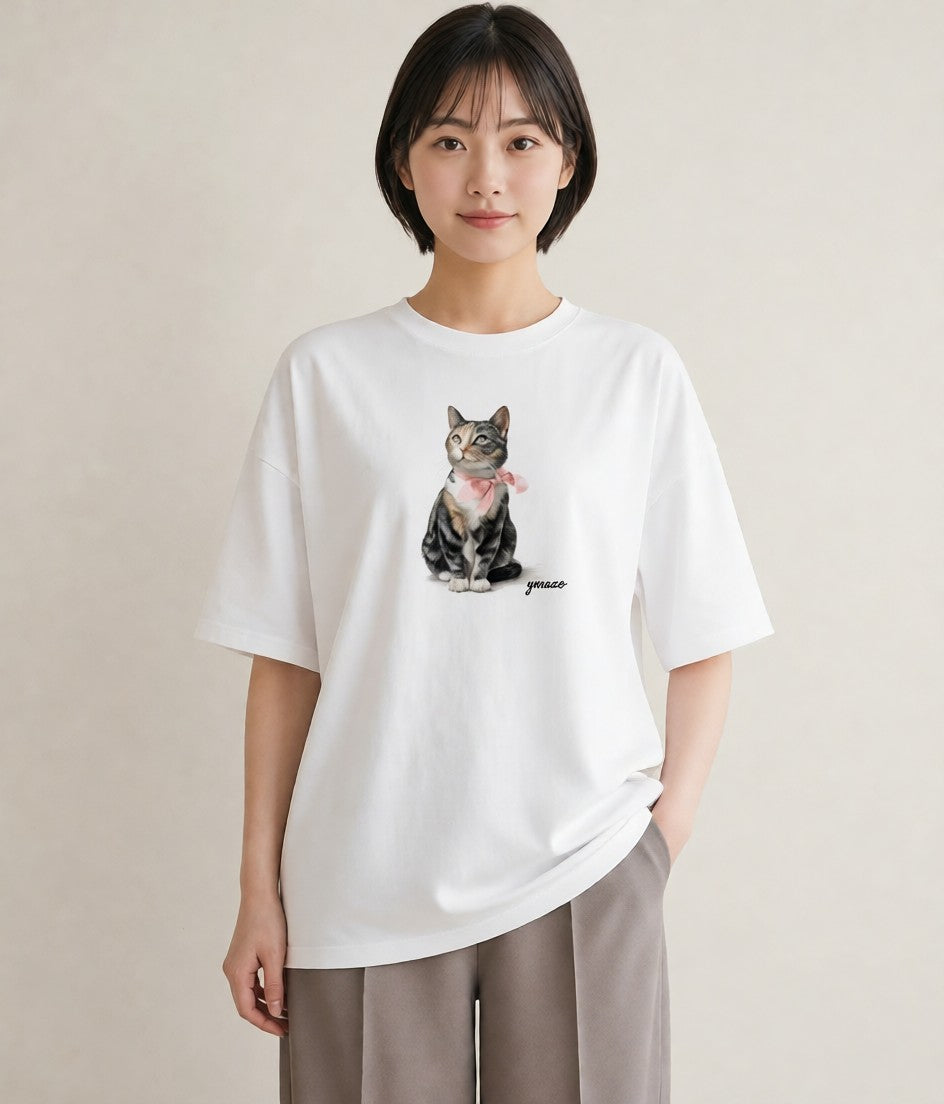 Tシャツ レディース ソマリ 猫 ねこ イラスト ラフ カジュアルコーデ 買い物 白T YMAZO