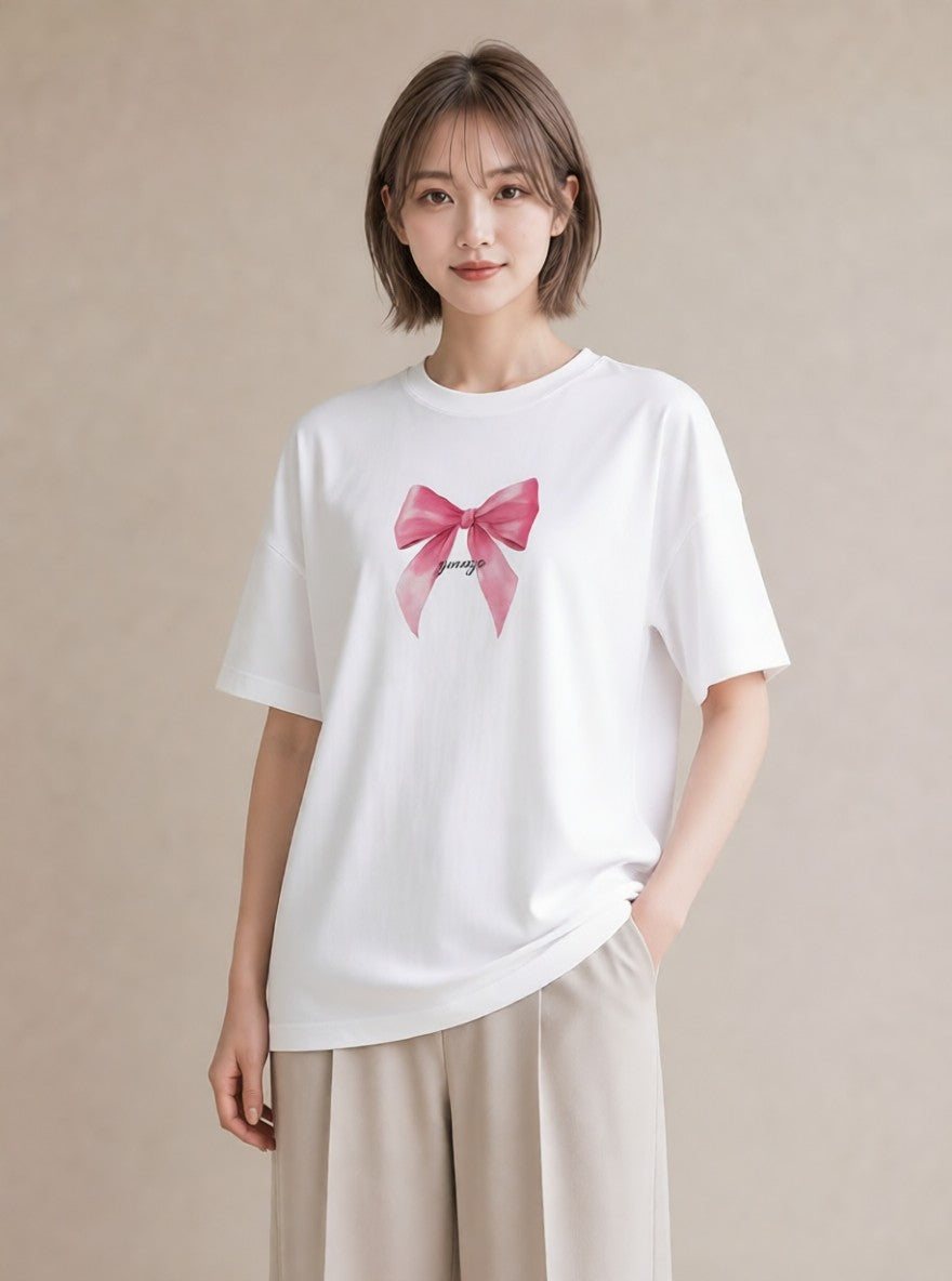 Tシャツ レディース リボン 蝶結び ナチュラル アンティーク イラスト ミニマル 春コーデ 姉妹 白T YMAZO
