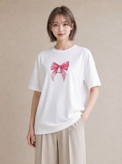 Tシャツ レディース リボン 蝶結び ナチュラル アンティーク イラスト ミニマル 春コーデ 姉妹 白T YMAZO