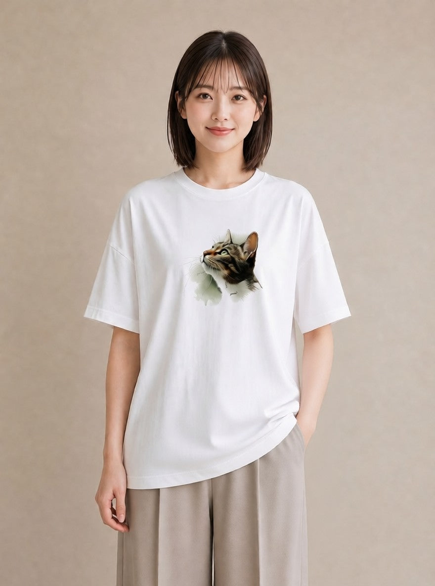 デザインTシャツ レディース 三毛猫 みけねこ 三毛 猫 ねこ イラスト カジュアル 公園 ママ 白T YMAZO