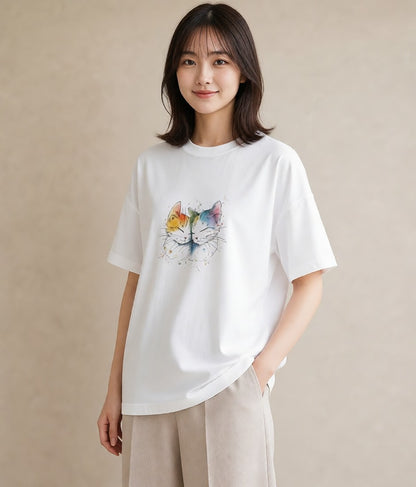 Tシャツ レディース 猫好き 猫 ねこ イラスト 友達ギフト 部屋着 白T YMAZO
