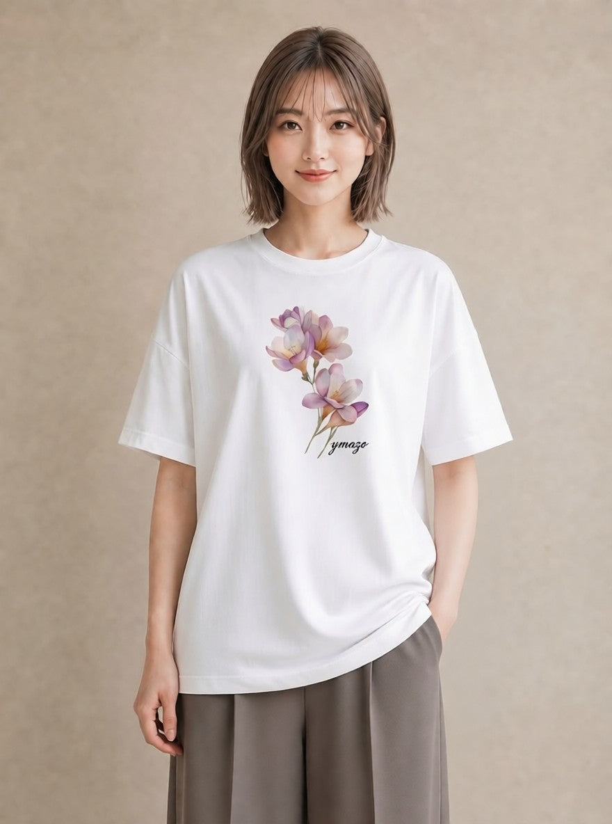 デザインTシャツ レディース パンジー 花 花柄 イラスト カジュアル デート 帰省 白T YMAZO