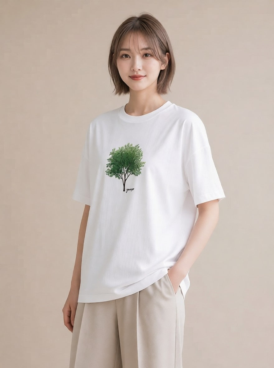 プリントTシャツ レディース 木 植物 ボタニカル イラスト シンプル 綿100 デート 白T YMAZO