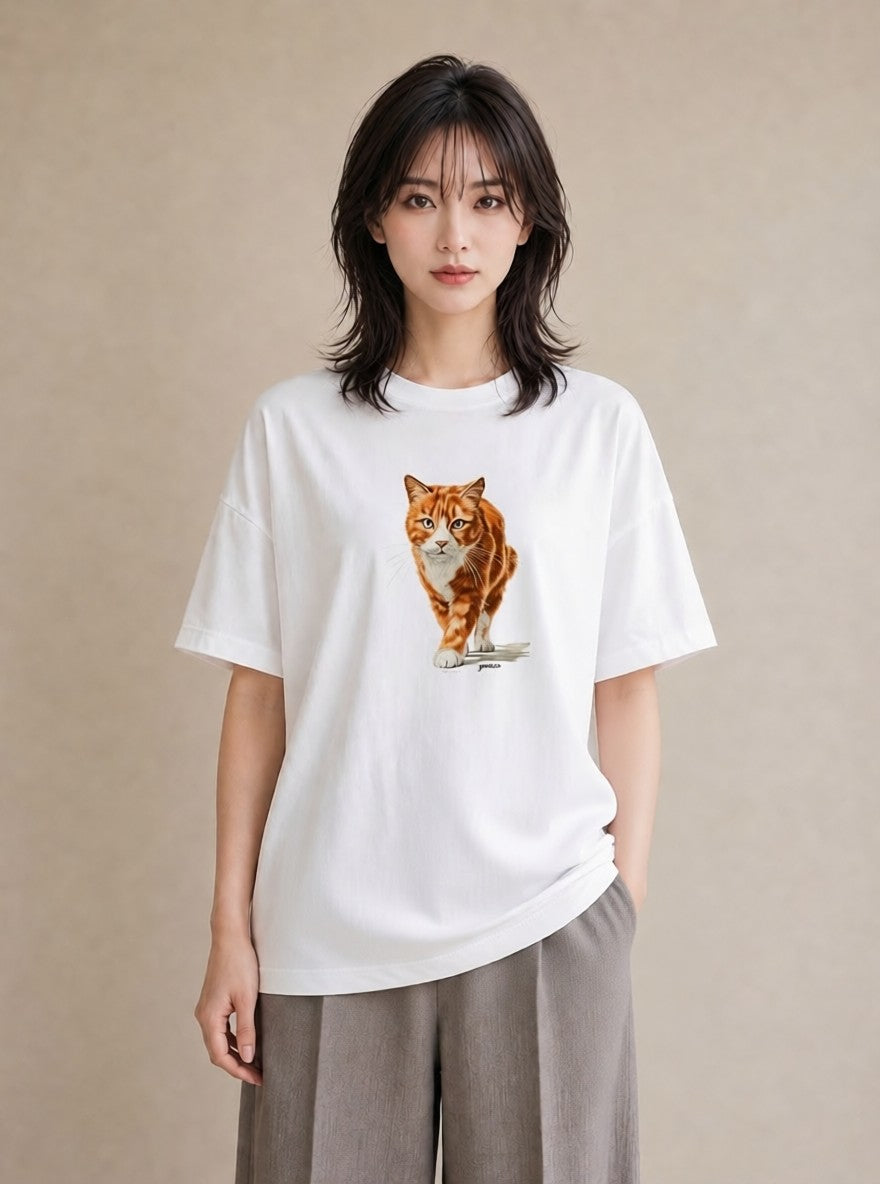 デザインTシャツ レディース 茶トラ 茶猫 猫 ねこ イラスト カフェコーデ 社会人 女性 白T YMAZO