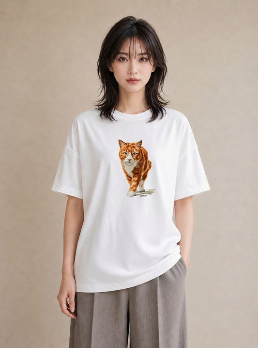 デザインTシャツ レディース 茶トラ 茶猫 猫 ねこ イラスト カフェコーデ 社会人 女性 白T YMAZO