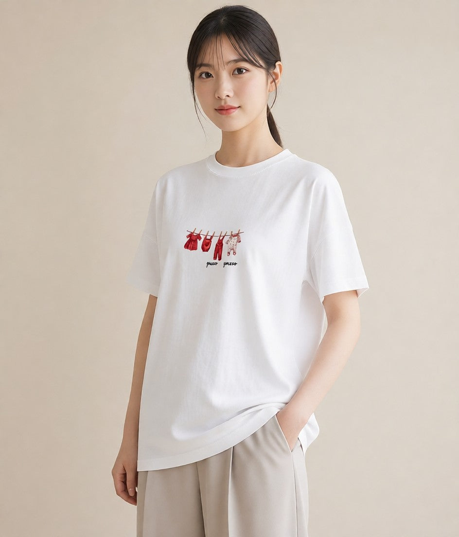グラフィックTシャツ レディース 洗濯物 風 ナチュラル アンティーク イラスト お洒落 通勤 在宅 白T YMAZO