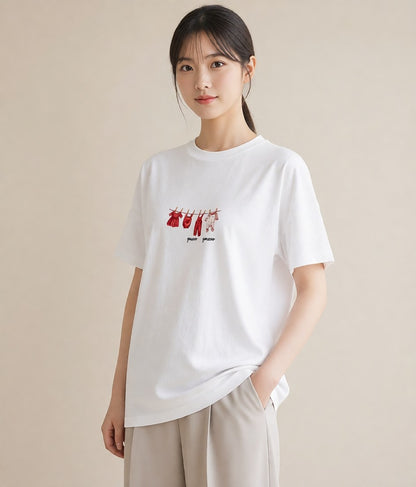 グラフィックTシャツ レディース 洗濯物 風 ナチュラル アンティーク イラスト お洒落 通勤 在宅 白T YMAZO