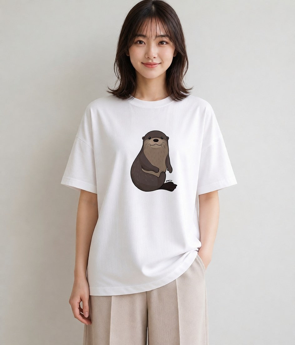 デザインTシャツ レディース ラッコ 動物 アニマル イラスト シンプル 海 カフェ巡り 白T YMAZO