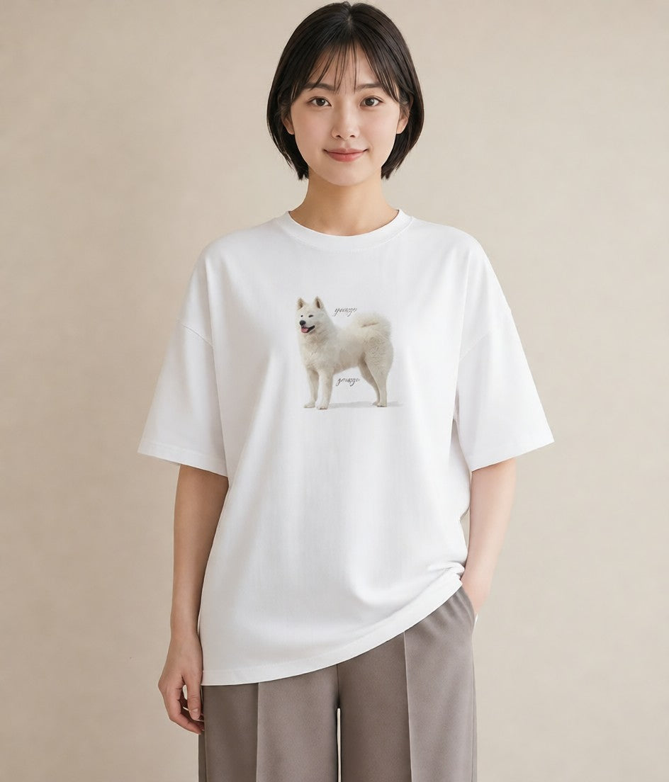 デザインTシャツ レディース サモエド 犬 いぬ イラスト 夏コーデ 通学 白T YMAZO