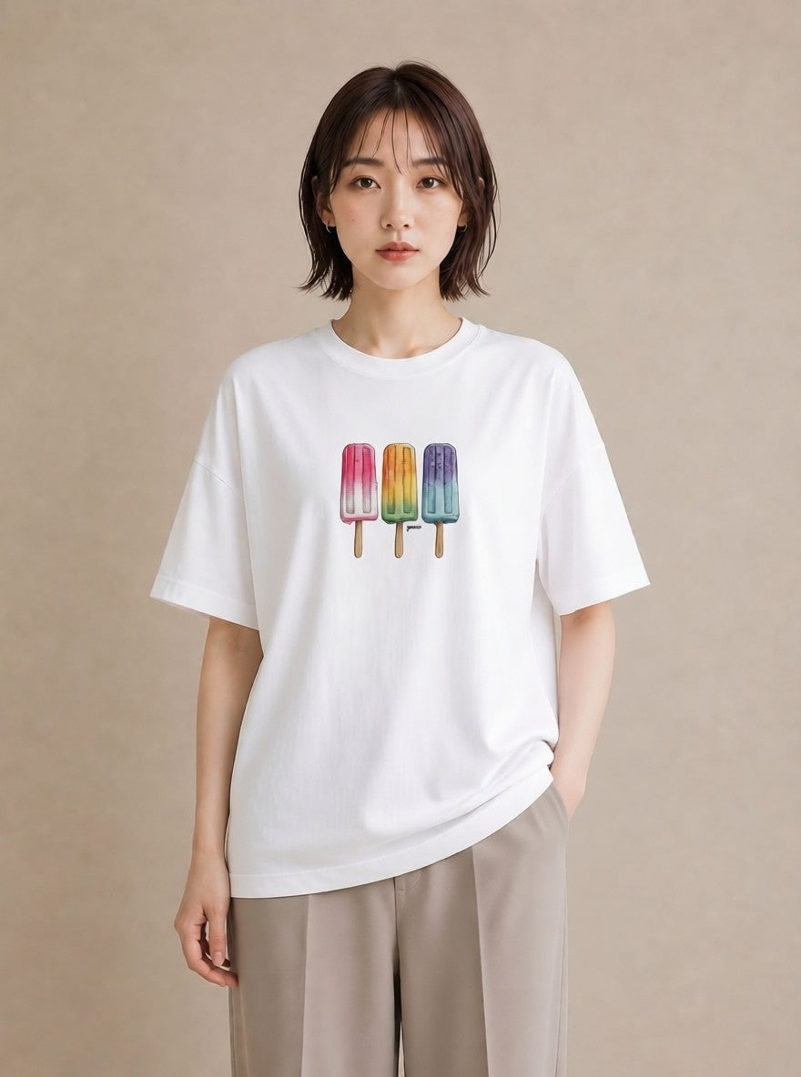 プリントTシャツ レディース マカロン 食べ物 フード イラスト アート風 カジュアルコーデ 買い物 白T YMAZO