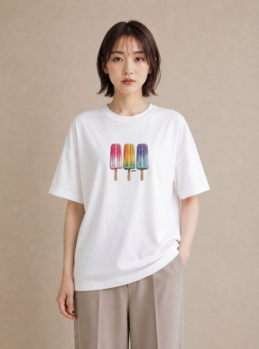プリントTシャツ レディース マカロン 食べ物 フード イラスト アート風 カジュアルコーデ 買い物 白T YMAZO