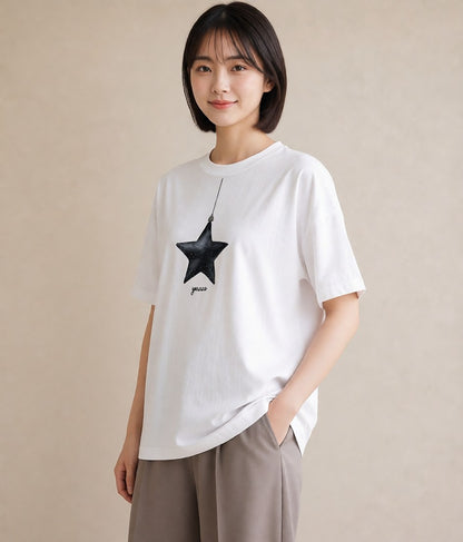 プリントTシャツ レディース スター 星空 宇宙 イラスト ゆるかわ ミセス 春コーデ 白T YMAZO