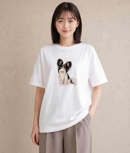 デザインTシャツ レディース パピヨン 犬 いぬ イラスト シック カフェ巡り 女子会 白T YMAZO