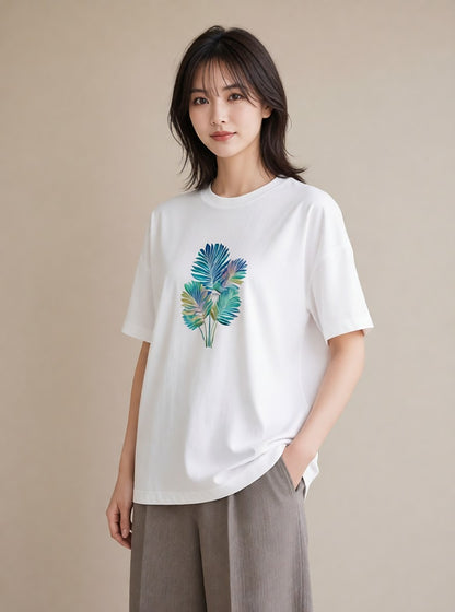 Tシャツ レディース モンステラ 植物 ボタニカル イラスト 韓国風 綿100 デート 白T YMAZO