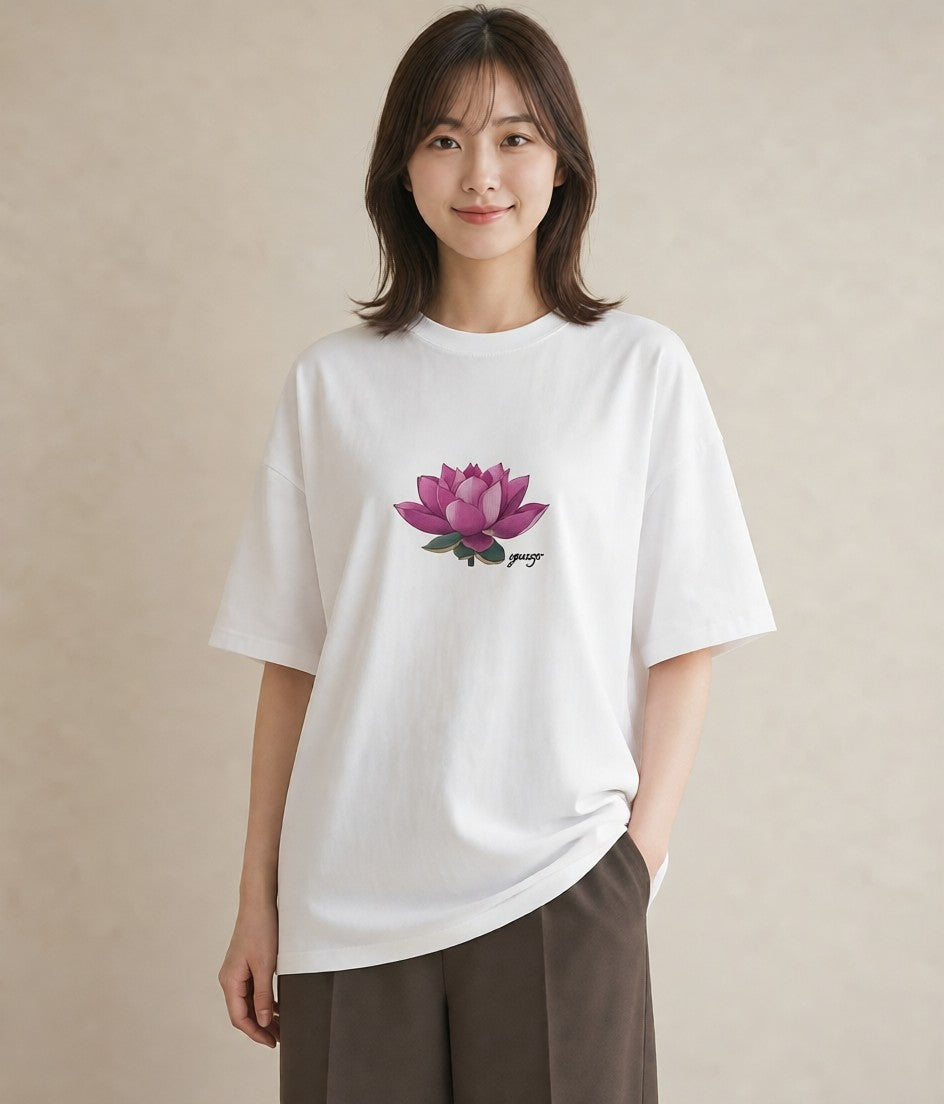 プリントTシャツ レディース 蓮 花 花柄 イラスト 淡色 お出かけ 普段着 白T YMAZO