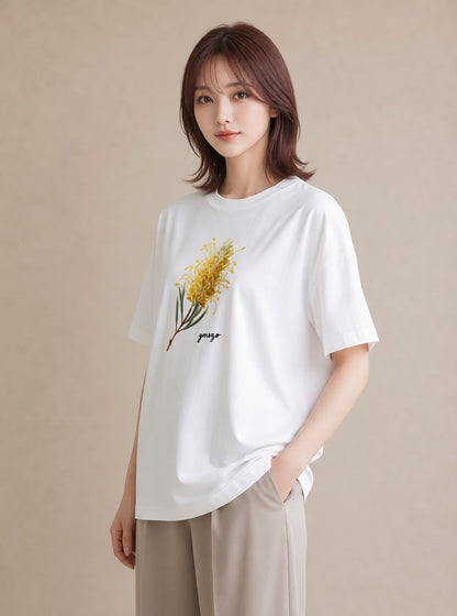 デザインTシャツ レディース ミモザ 花 花柄 イラスト デート 帰省 白T YMAZO