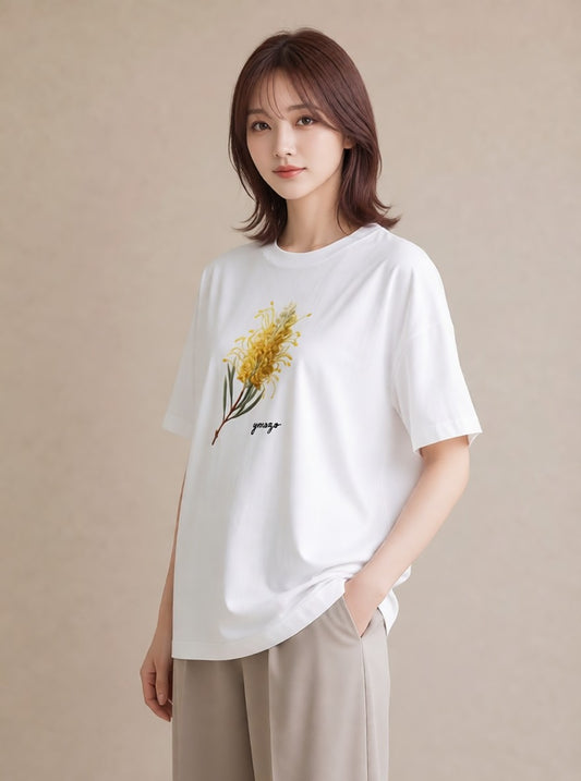 デザインTシャツ レディース ミモザ 花 花柄 イラスト デート 帰省 白T YMAZO