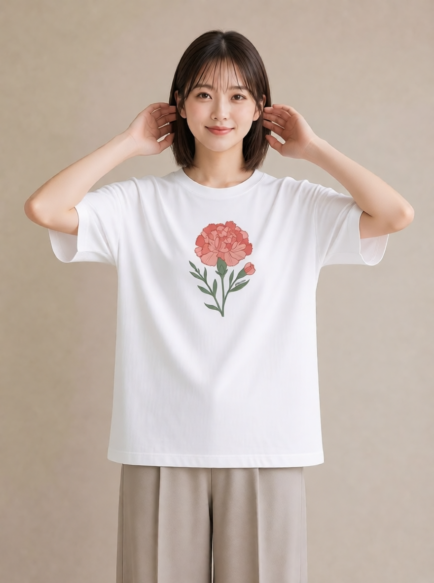 プリントTシャツ レディース カーネーション 花 花柄 イラスト 線画 通勤 在宅 白T YMAZO