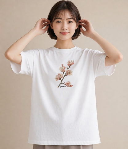 プリントTシャツ レディース 梅 花 花柄 イラスト 上品 綿100 デート 白T YMAZO