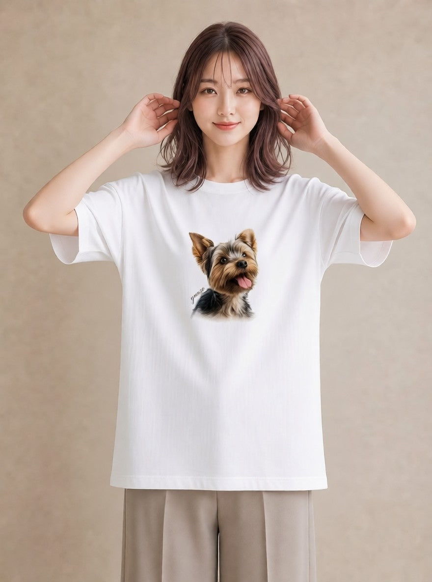 グラフィックTシャツ レディース ヨークシャーテリア 犬 いぬ イラスト 韓国風 誕生日プレゼント 綿100 白T YMAZO