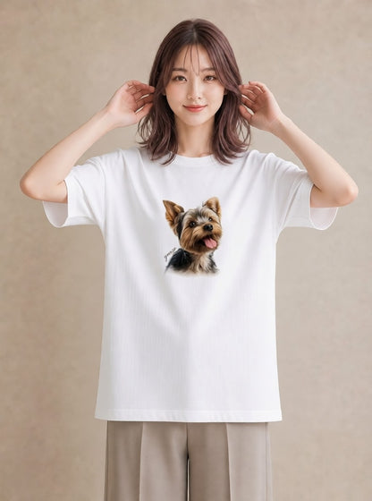 グラフィックTシャツ レディース ヨークシャーテリア 犬 いぬ イラスト 韓国風 誕生日プレゼント 綿100 白T YMAZO