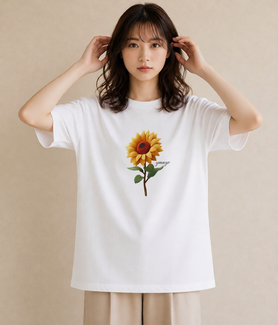 デザインTシャツ レディース ひまわり 向日葵 花 花柄 イラスト 親子 20代 白T YMAZO