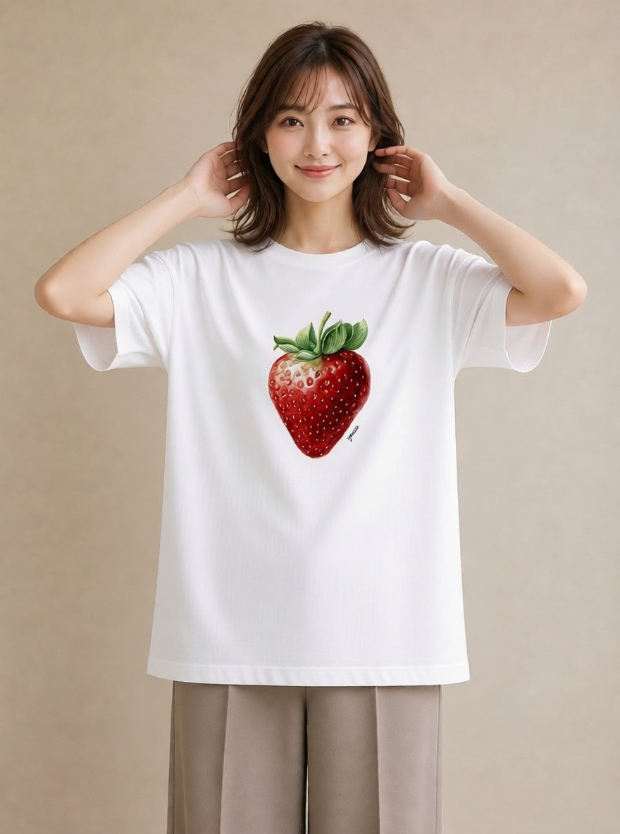 グラフィックTシャツ レディース いちご 苺 ストロベリー 食べ物 フード イラスト 個性的 綿100 デート 白T YMAZO