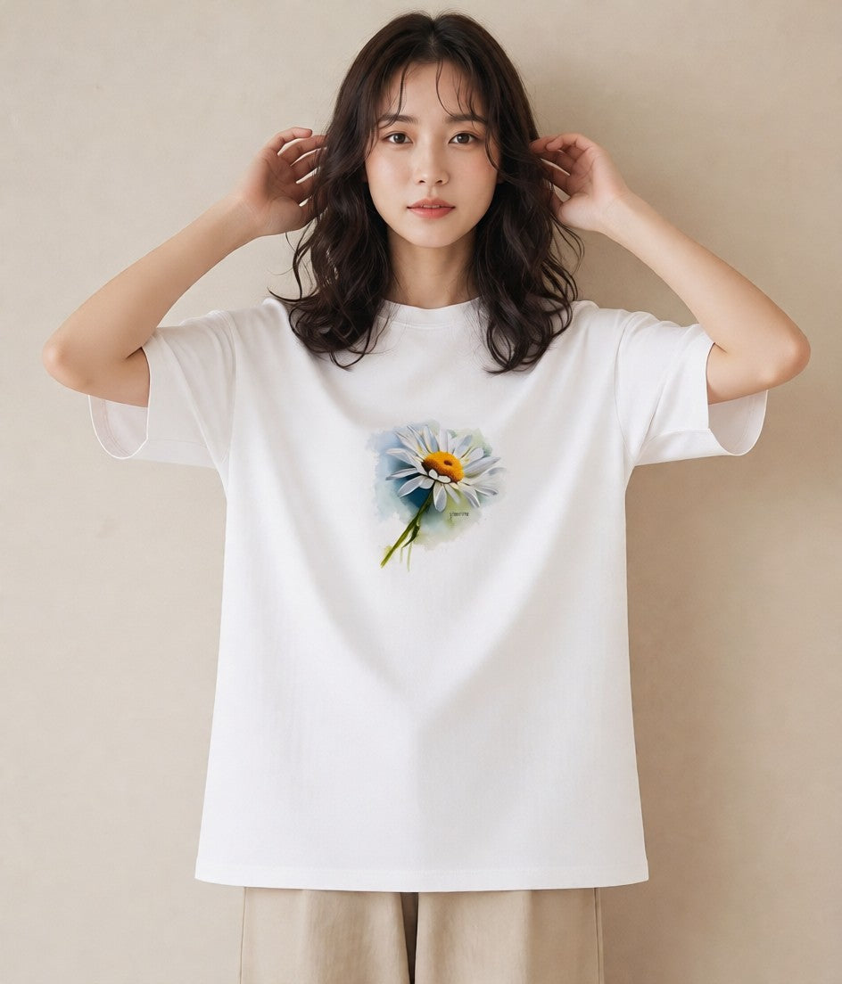半袖Tシャツ レディース マーガレット 花 花柄 イラスト 水彩風 お出かけ 普段着 白T YMAZO