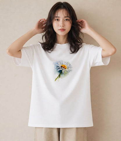 半袖Tシャツ レディース マーガレット 花 花柄 イラスト 水彩風 お出かけ 普段着 白T YMAZO
