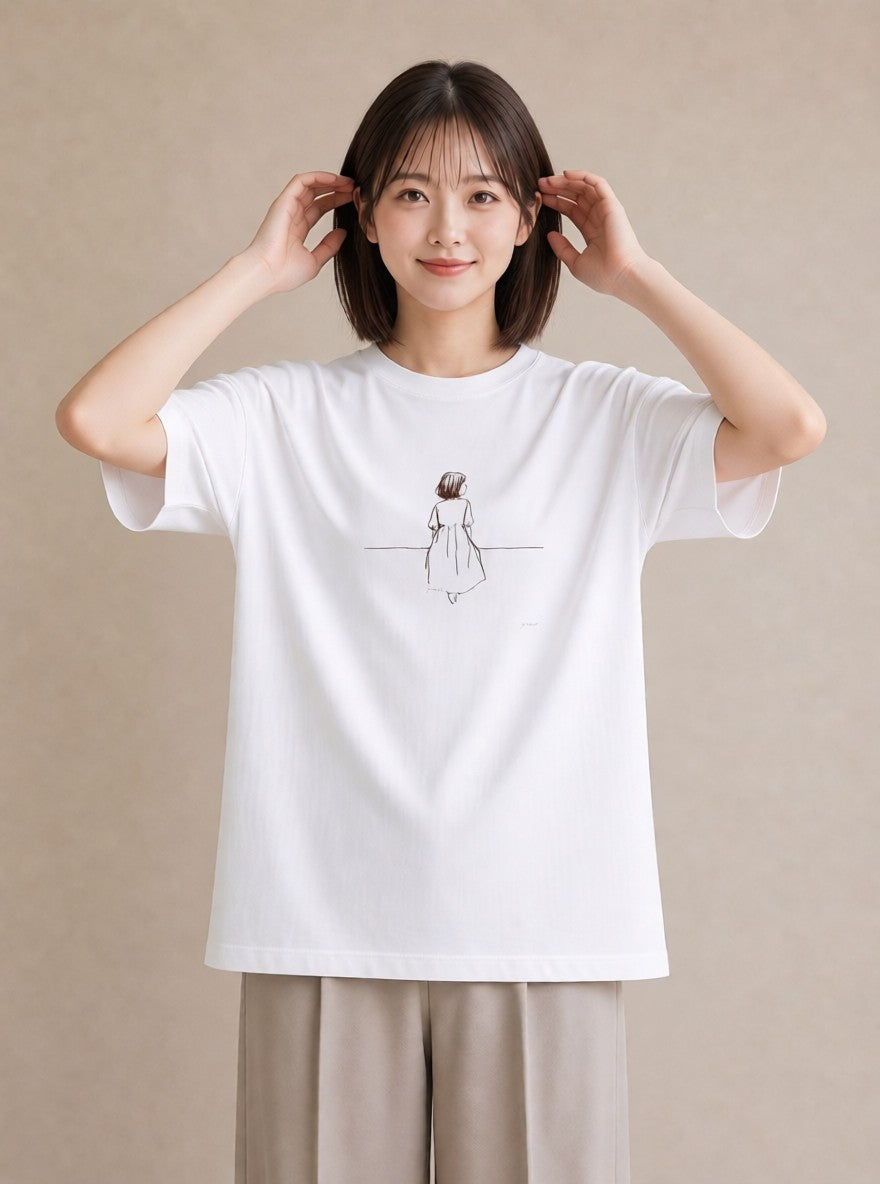 デザインTシャツ レディース 女の子 ガール 後ろ姿 イラスト 個性的 散歩 お出かけ 白T YMAZO