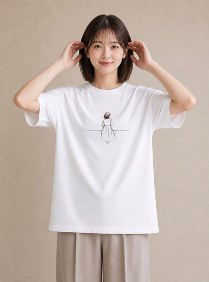 デザインTシャツ レディース 女の子 ガール 後ろ姿 イラスト 個性的 散歩 お出かけ 白T YMAZO