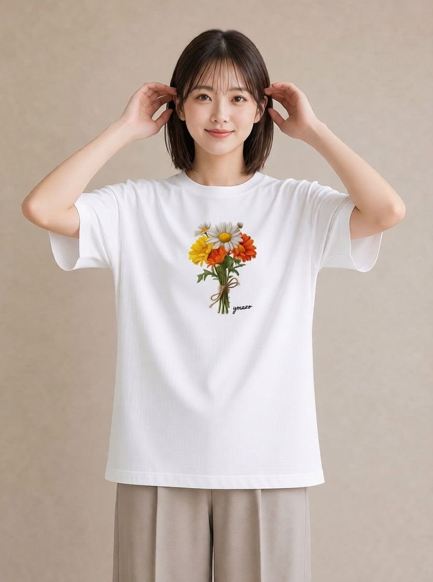 デザインTシャツ レディース マーガレット 花 花柄 イラスト 上品 社会人 女性 白T YMAZO