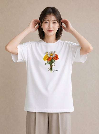 デザインTシャツ レディース マーガレット 花 花柄 イラスト 上品 社会人 女性 白T YMAZO