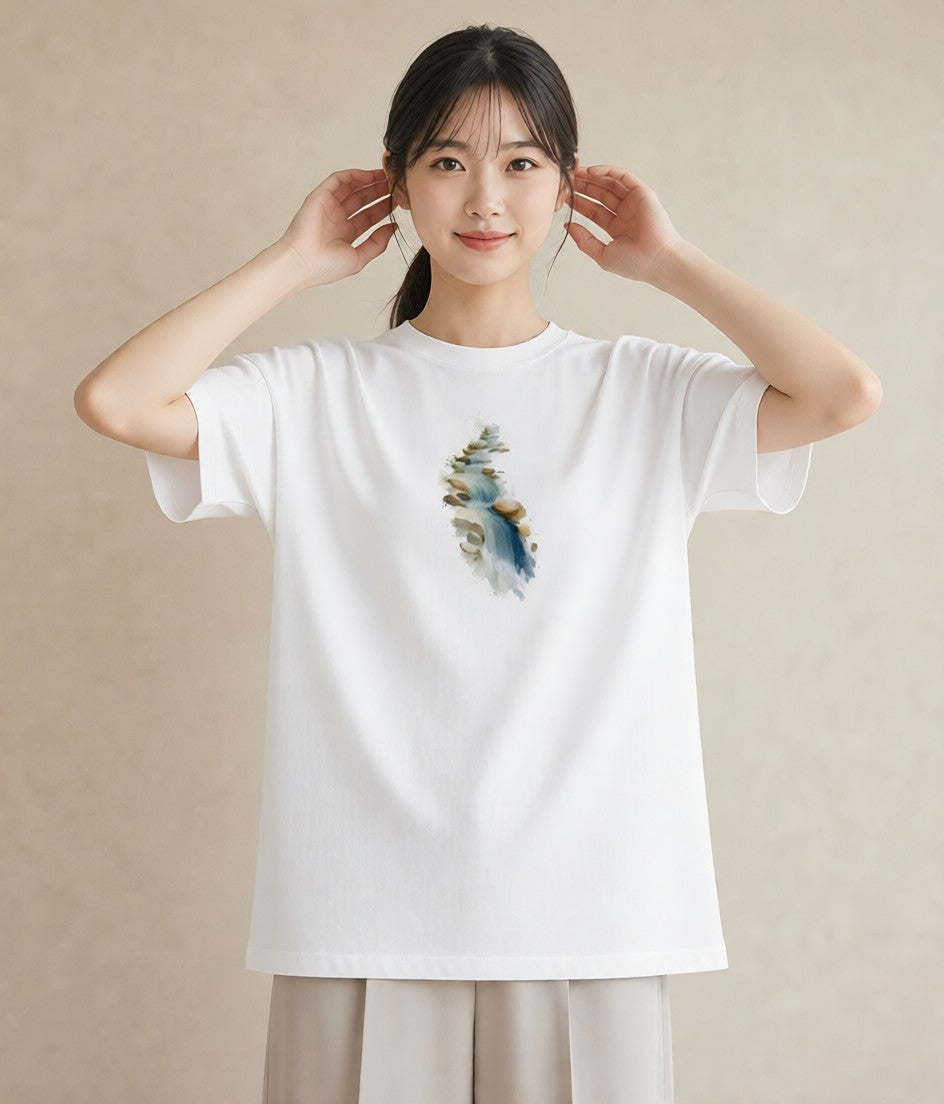 グラフィックTシャツ レディース 小川 橋 せせらぎ ナチュラル アンティーク イラスト アート風 在宅 公園 白T YMAZO
