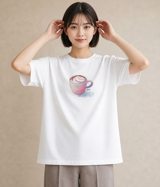 グラフィックTシャツ レディース カフェラテ 食べ物 フード イラスト 普段使い 普段着 週末コーデ 白T YMAZO