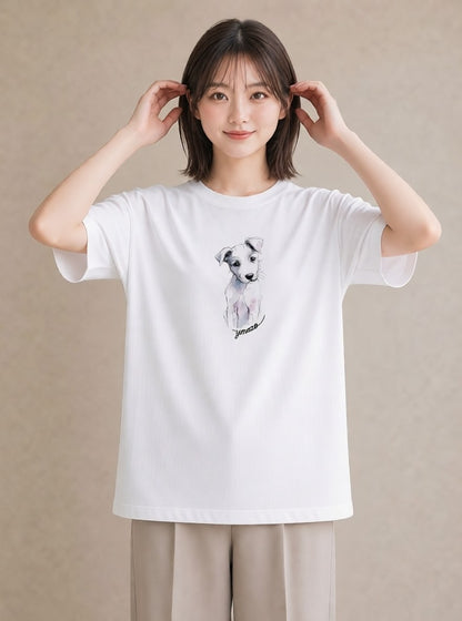 Tシャツ レディース いぬ 犬 ワンコ イラスト 韓国風 海 カフェ巡り 白T YMAZO
