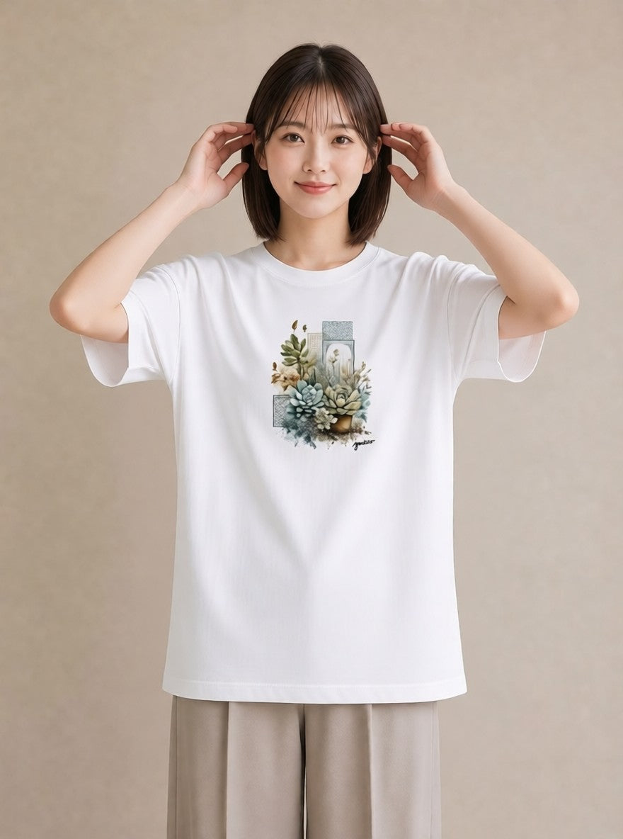 グラフィックTシャツ レディース 夕暮れ バルコニー 夕焼け ナチュラル アンティーク イラスト ヴィンテージ風 ビーチ デイリーウェア 白T YMAZO