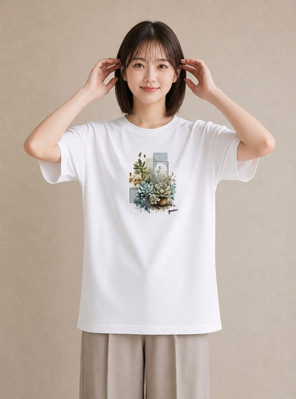 グラフィックTシャツ レディース 夕暮れ バルコニー 夕焼け ナチュラル アンティーク イラスト ヴィンテージ風 ビーチ デイリーウェア 白T YMAZO